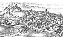 B&W engraving: Edinburgh in the 17th century by Wenceslas Hollar